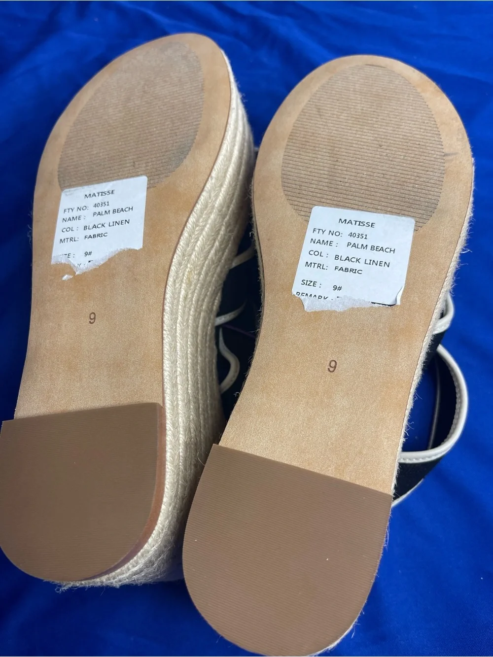 New Matisse Palm beach Black Canvas Espadrille Wedge Sandals w/Cream Trim size 9